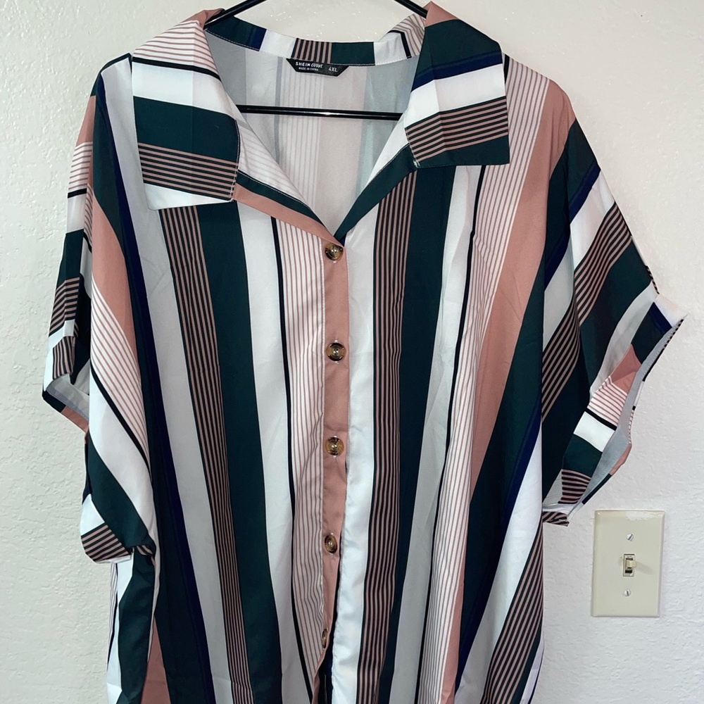 Plus Striped Button Up Blouse